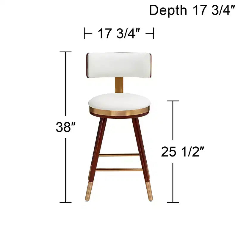 Taburete redondo de cocina de piel blanca, nogal y dorado, 1 asiento