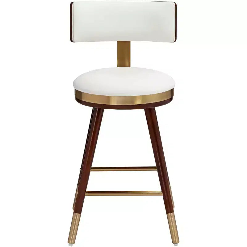Taburete redondo de cocina de piel blanca, nogal y dorado, 1 asiento