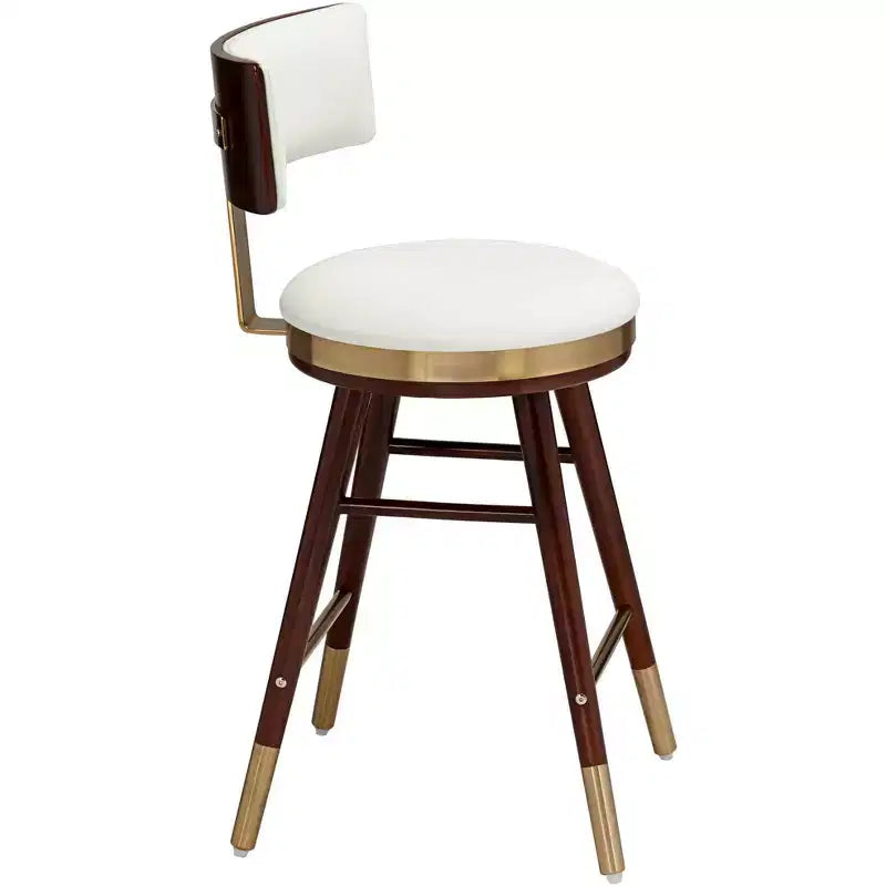 Taburete redondo de cocina de piel blanca, nogal y dorado, 1 asiento