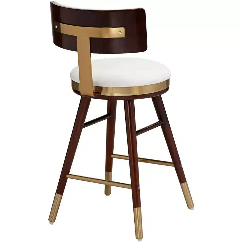 Taburete redondo de cocina de piel blanca, nogal y dorado, 1 asiento