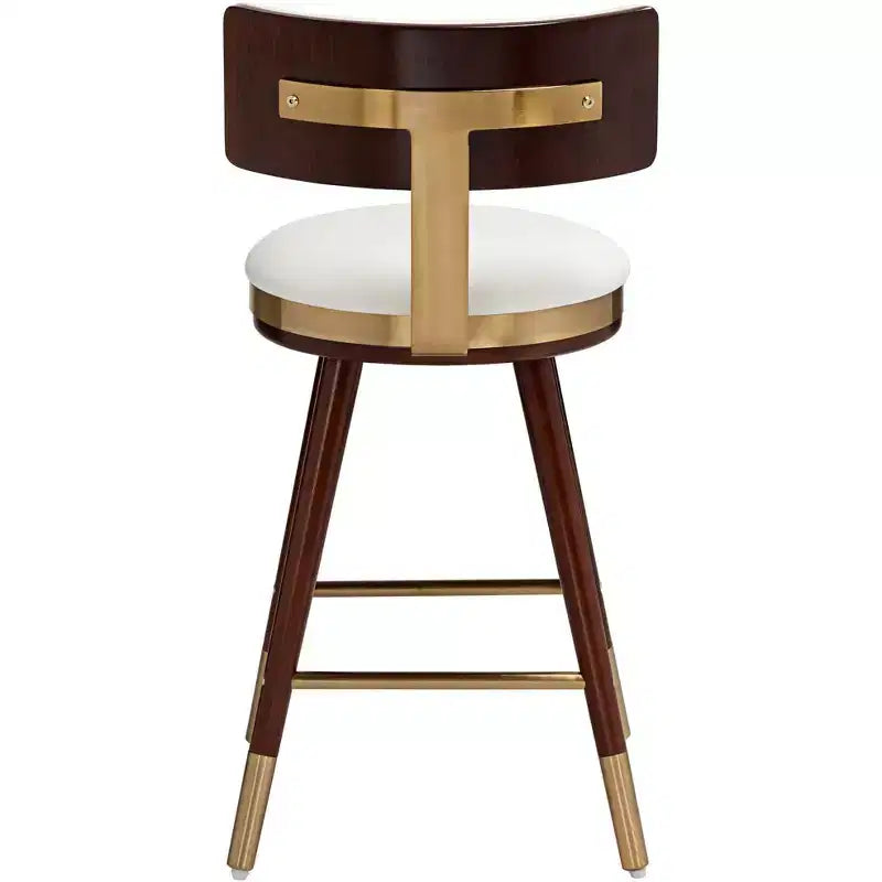 Taburete redondo de cocina de piel blanca, nogal y dorado, 1 asiento