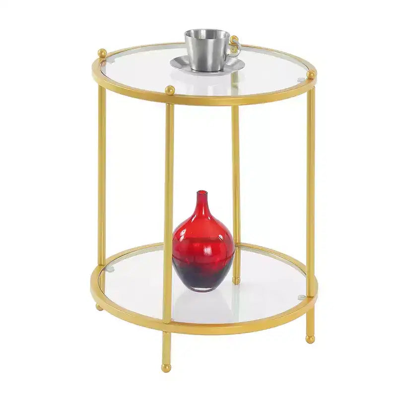 Mesa auxiliar redonda de 2 niveles cromada/dorada, estructura de metal, tapa de cristal, 1 unidad