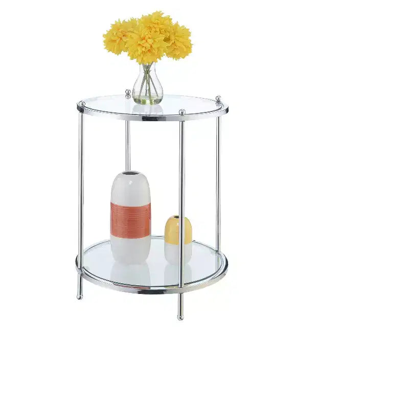 Mesa auxiliar redonda de 2 niveles cromada/dorada, estructura de metal, tapa de cristal, 1 unidad