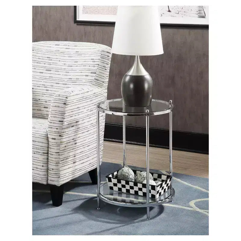 Mesa auxiliar redonda de 2 niveles cromada/dorada, estructura de metal, tapa de cristal, 1 unidad