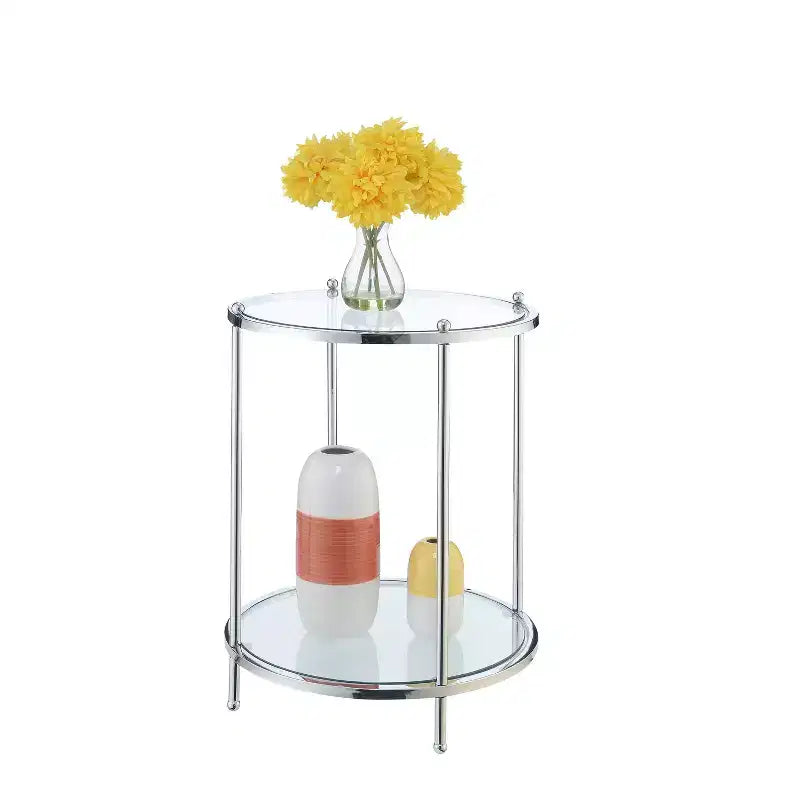 Mesa auxiliar redonda de 2 niveles cromada/dorada, estructura de metal, tapa de cristal, 1 unidad