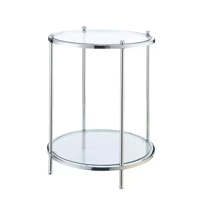 Mesa auxiliar redonda de 2 niveles cromada/dorada, estructura de metal, tapa de cristal, 1 unidad
