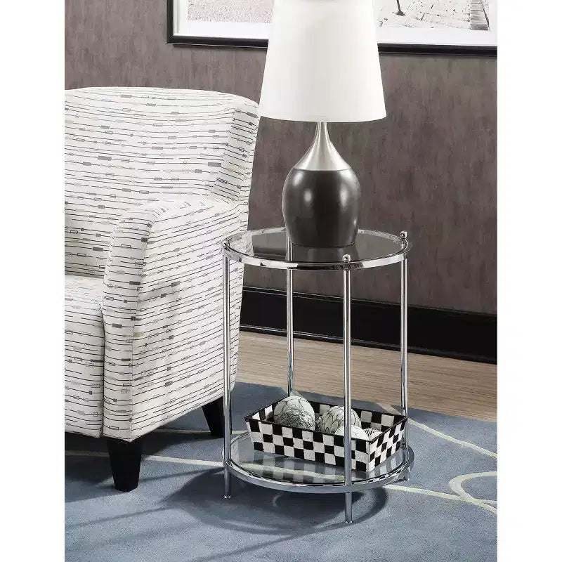 Mesa auxiliar redonda de 2 niveles cromada/dorada, estructura de metal, tapa de cristal, 1 unidad
