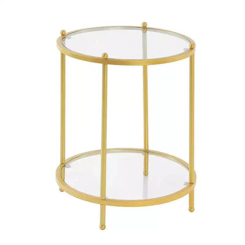 Mesa auxiliar redonda de 2 niveles cromada/dorada, estructura de metal, tapa de cristal, 1 unidad