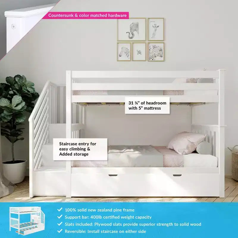 Litera con escaleras doble sobre doble Clay / Blanca con nido — Capacidad para 3 personas