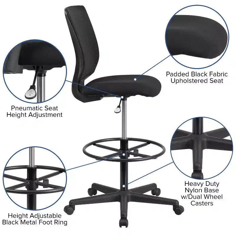 Silla de dibujo de malla negra sin brazos, de respaldo medio, para 1 persona